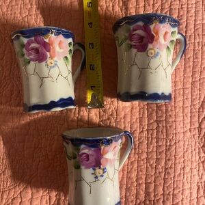 Early 1900’s Geisha Kutani porcelain, 3 hand painted chocolate cups, Japan